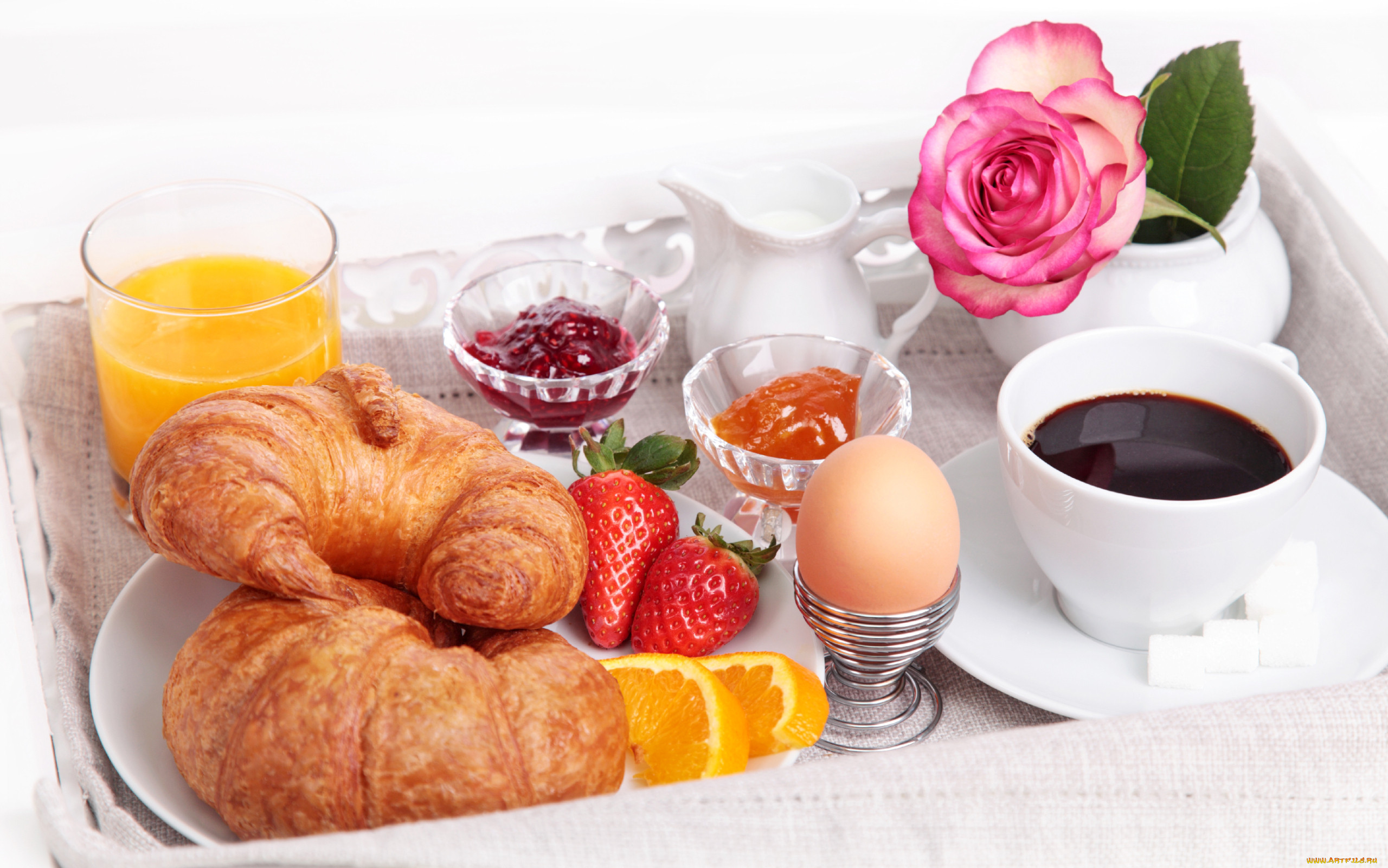 , , croissant, egg, flower, cup, orange, juice, breakfast, rose, coffee, milk, strawberry